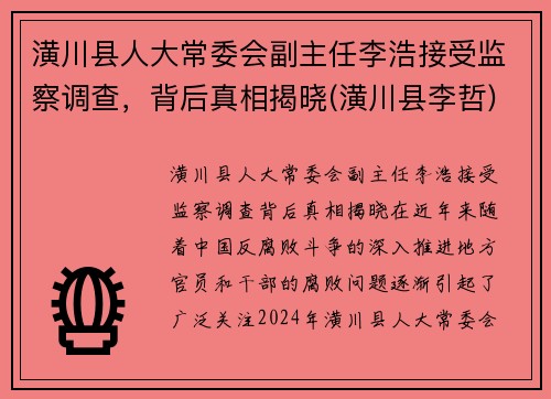 潢川县人大常委会副主任李浩接受监察调查，背后真相揭晓(潢川县李哲)